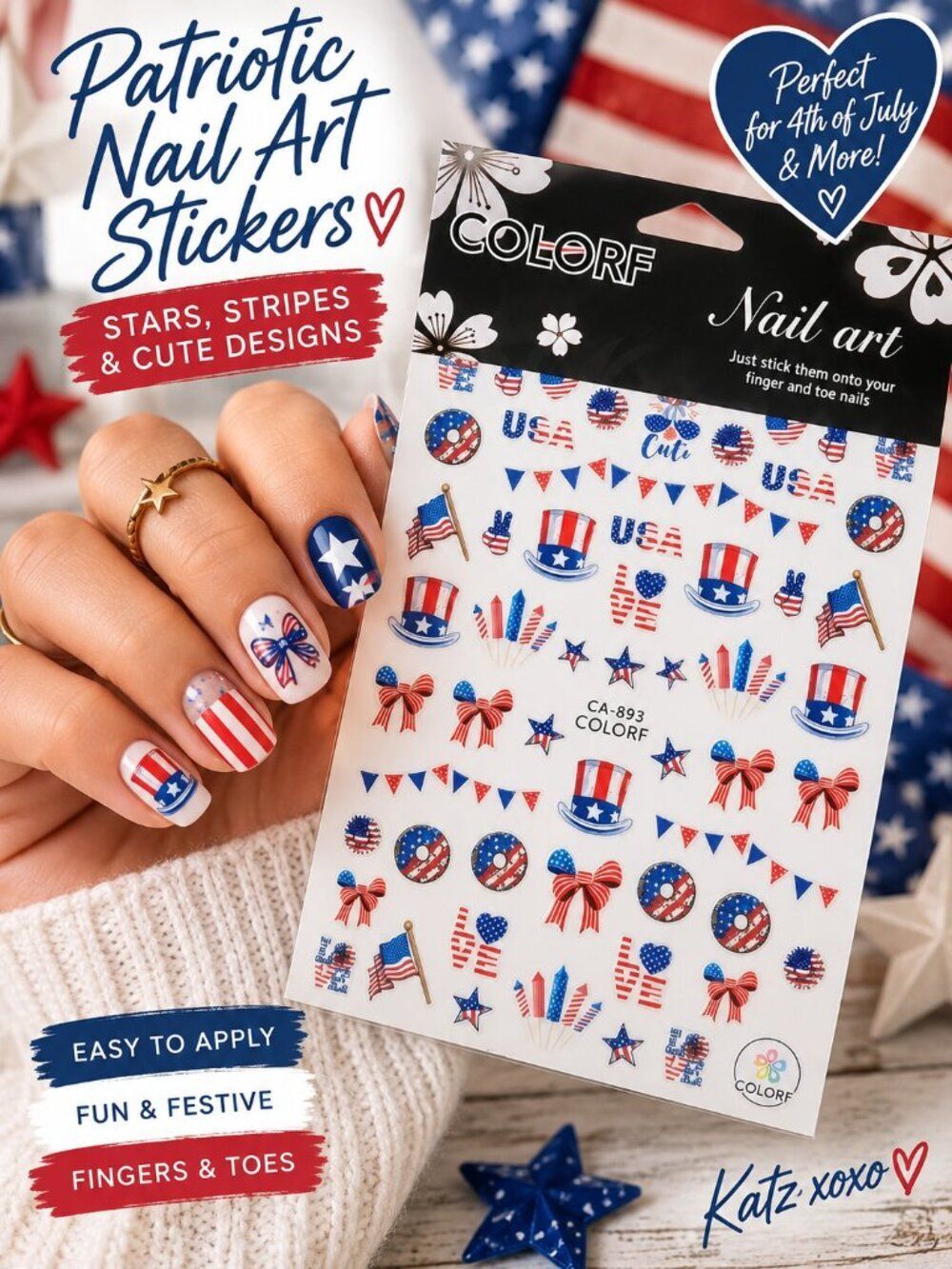Patriotic Nail Art Stickers Red White Blue 4th July Americana Bows USA Decals